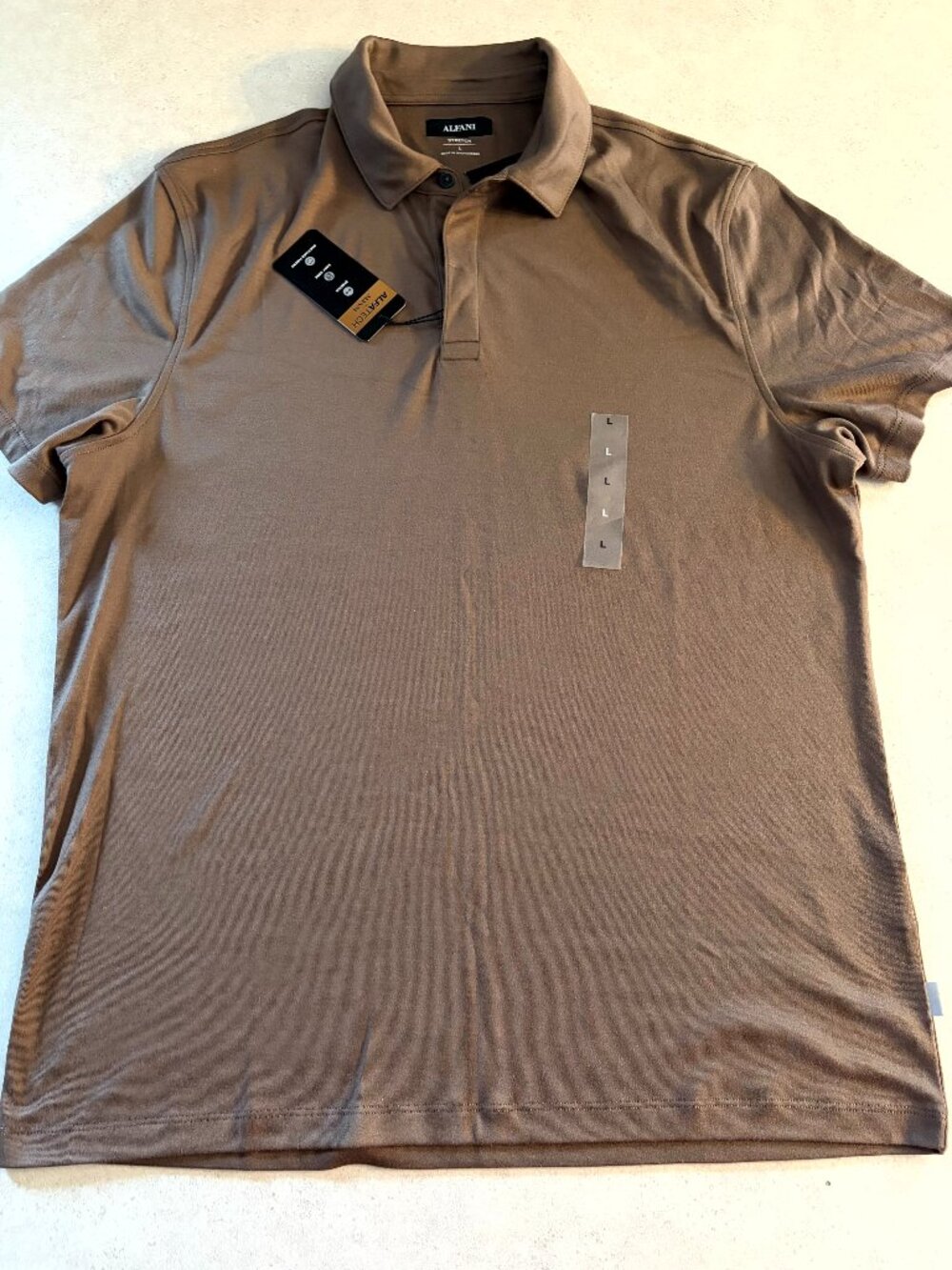 Alfani Stretch Men's Large Brown Polo Shirt Short Sleeve Collared Button Knit